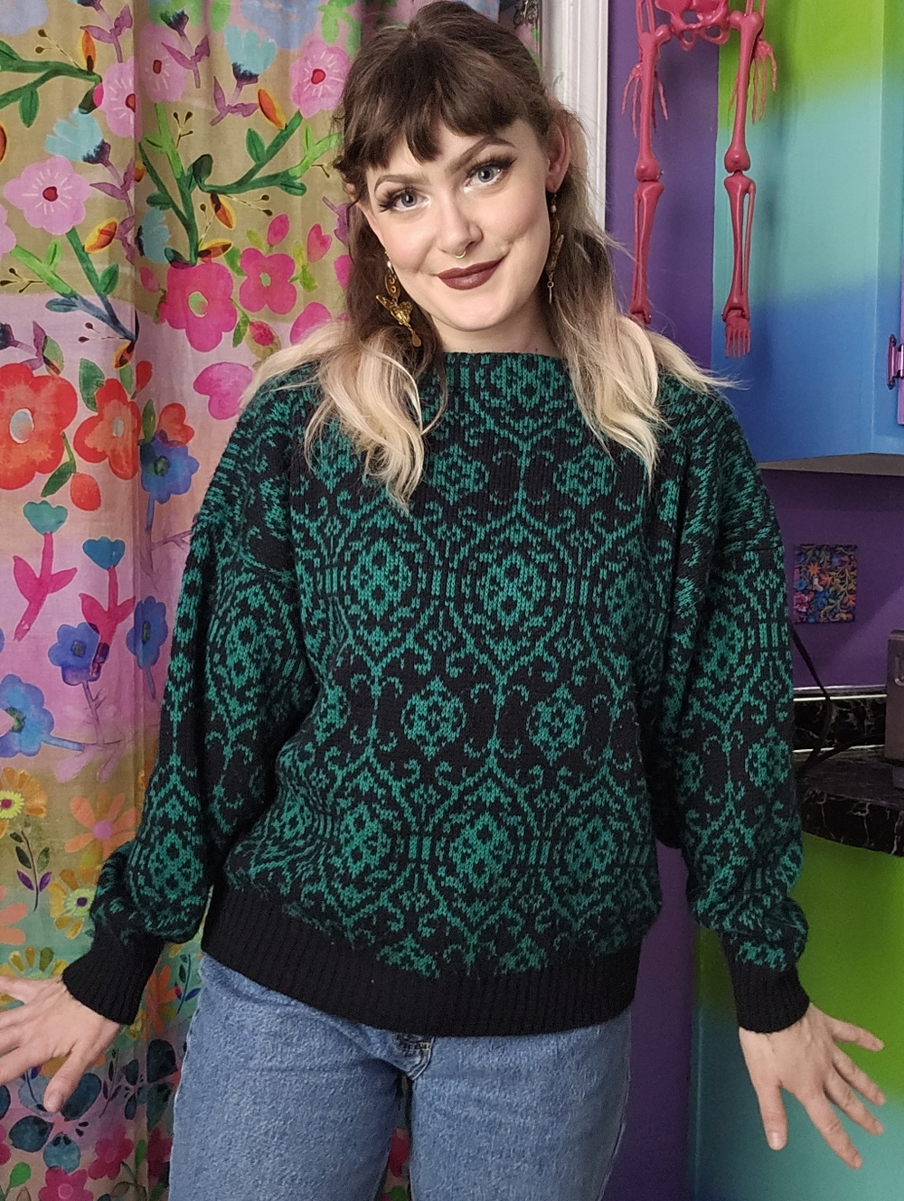 80's Vintage Garland Green & Black Sweater Size L Women's